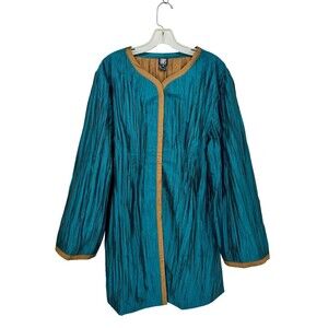 GUMPS San Francisco Artsy Knee Length Teal Crinkle Jacket Size 14